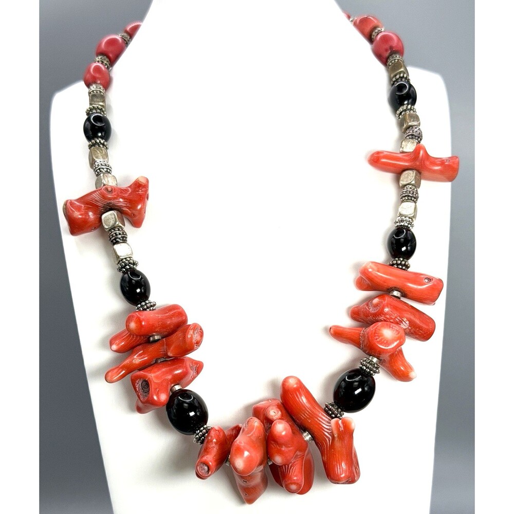 Vintage Red Branch Coral Sterling Silver 925 Black Onyx Statement Necklace 176g